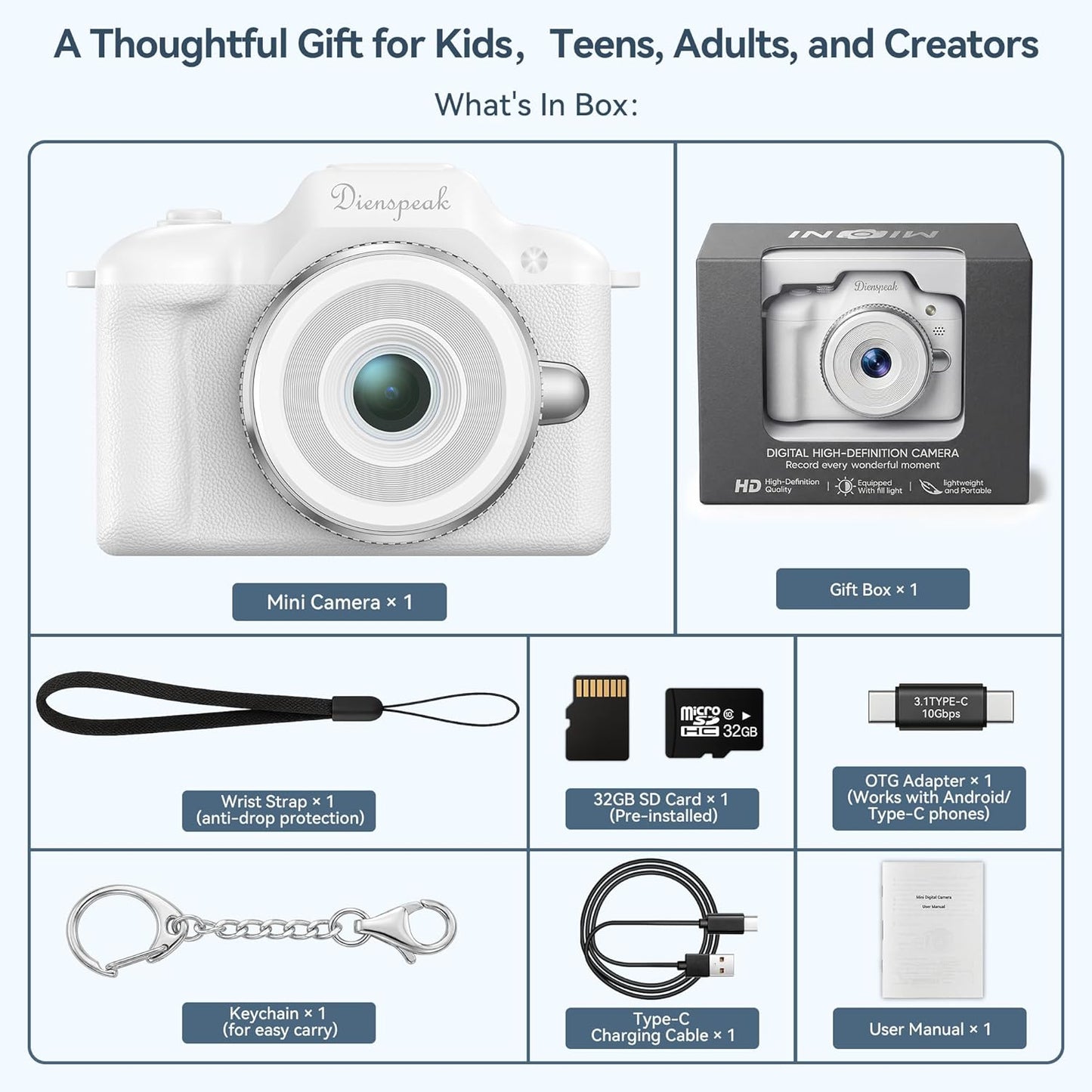 Dienspeak 32GB 1080P Tiny Digital Camera, Vintage Mini Keychain Camera for Teens & Beginners, Cute Portable Small