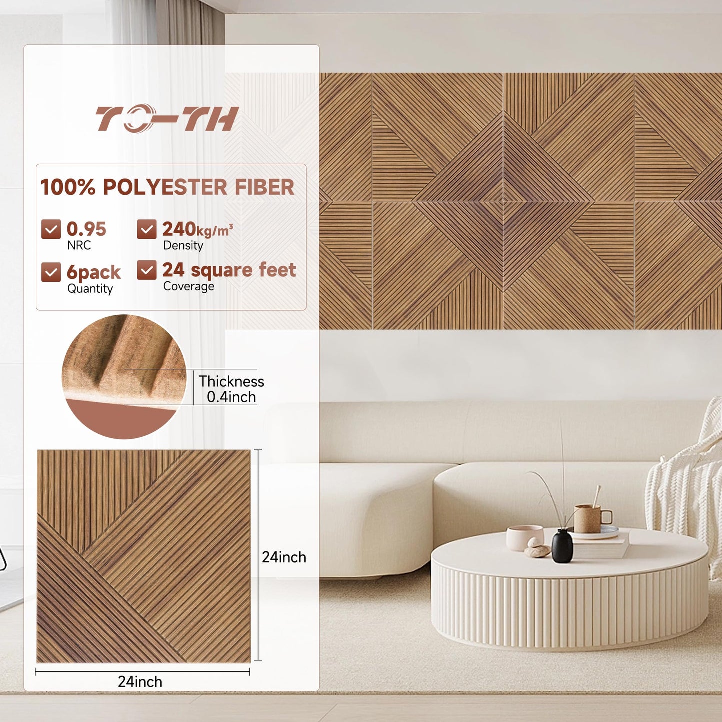 TO-TH Acoustic Wall Panels,6 Pack Total Size 72 x 48 Inches,Self-Adhesive Decorative Acoustic Panels for Wall and Ceiling,3D UV Printing with Wood Look,Beech