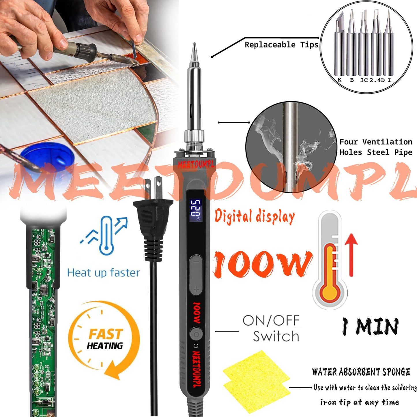 MEETDUMPL Stained Glass Kit，Stained Glass Kits for Adults，Glass Grinder，Stained Glass Grinder，5/8" + 1" Diamond Grinder Bit,100W Soldering Iron Kit,Glass Cutter Tool Kit（Patent has been registered）(7)