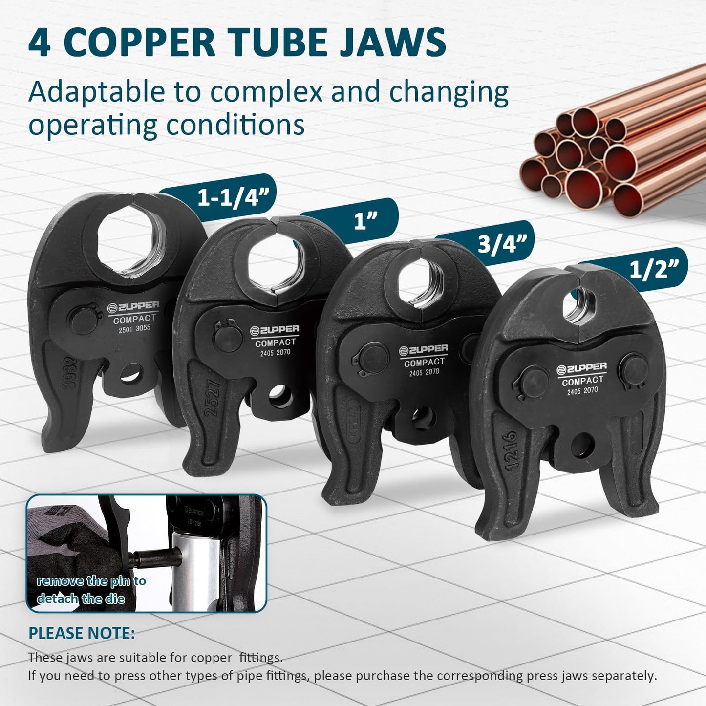ZUPPER Compact Press Tool Kit,18V Electric Pipe Crimping Tool for 1/2"to 1-1/4" Copper Pipes Brushless Motor Compatible with Propress 2pcs 2Ah Battery