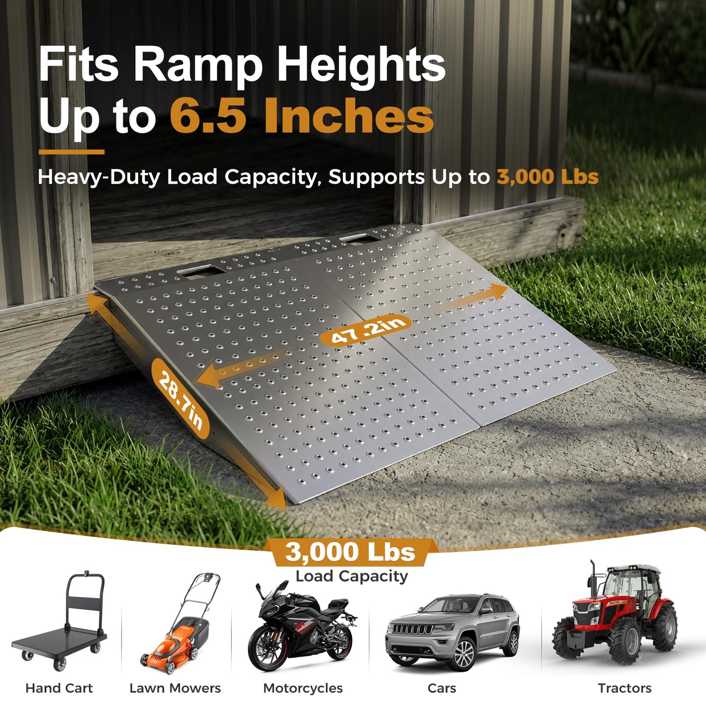 Heavy-Duty Shed Ramp for Riding Mower & Motorcycle, 1500lbs Aluminum Loading Ramp for Lawn Mower, ATV, Zero Turn, Snow Blower, Garden Cart, Anti-Slip Punch Plate Ramp for Shed Entrance, 1PC (2)