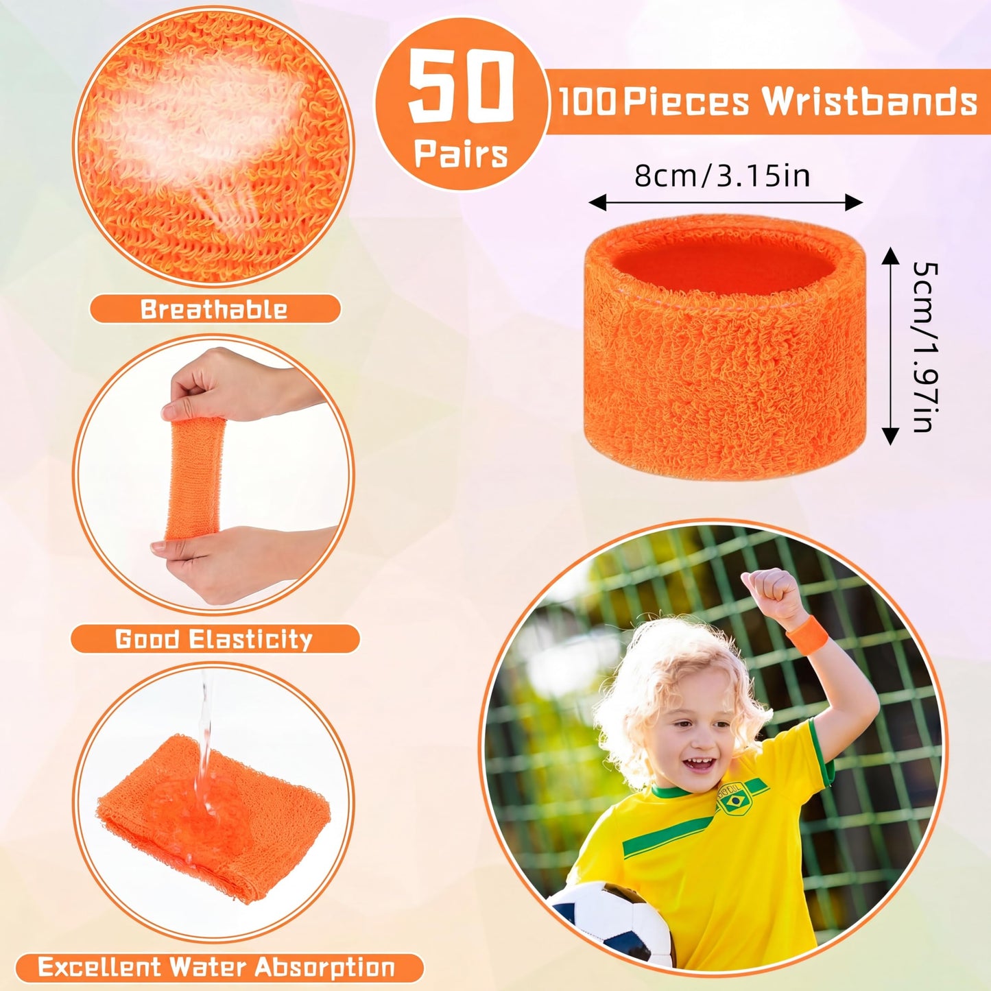 Leyndo 72 Pcs Wrist Sweatbands Bulk for Kids Field Day Terry Cotton Sweat Bands Sports Wristbands Kids for Summer Camp Student Football Team Competition Party (Orange)