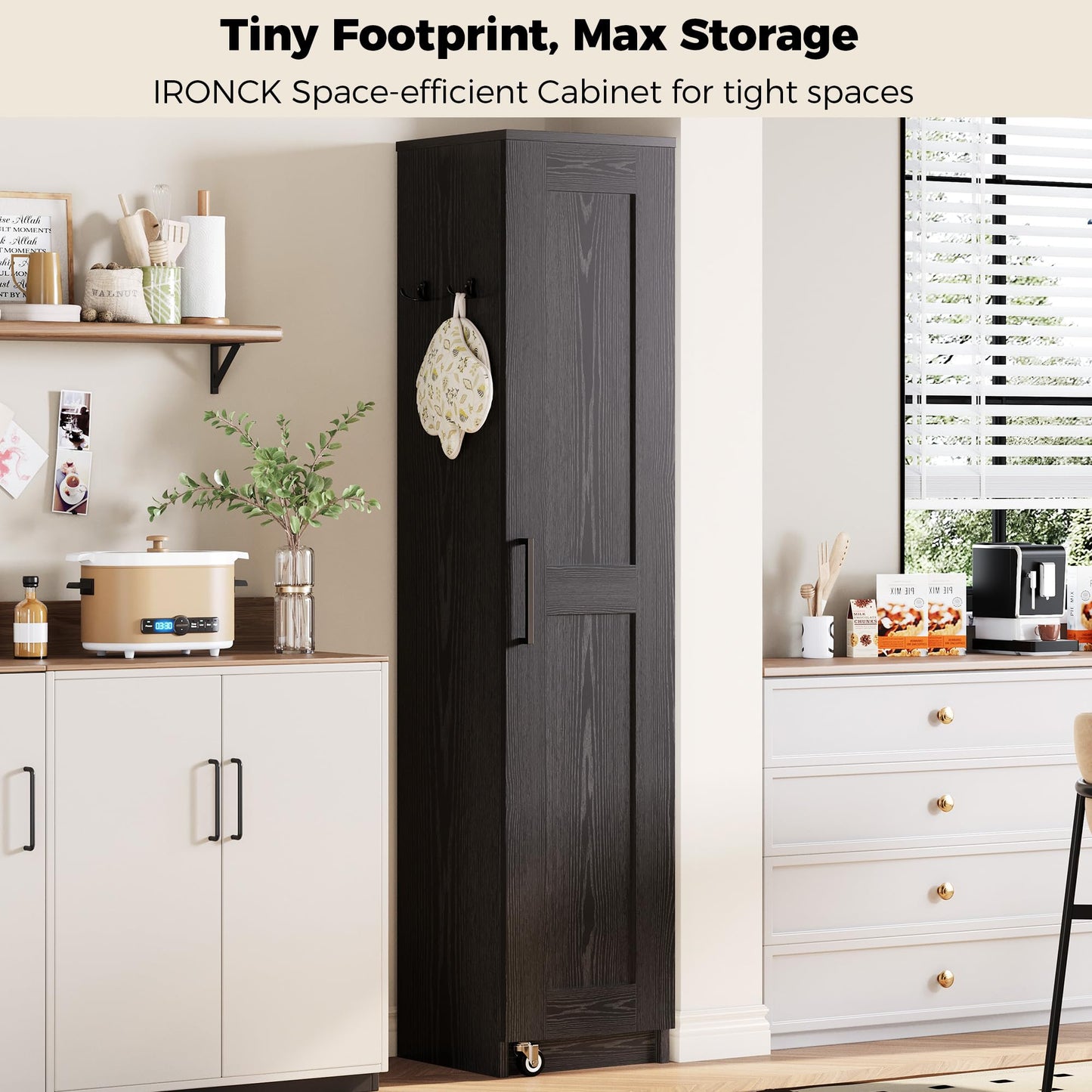IRONCK Narrow Kitchen Pantry Storage Cabinet, 72" Slim Single Door with 6 Adjustable Shelves, Door Rack and Wheels, Space Saving Freestanding Storage Floor Cabinet for Small Place, Black