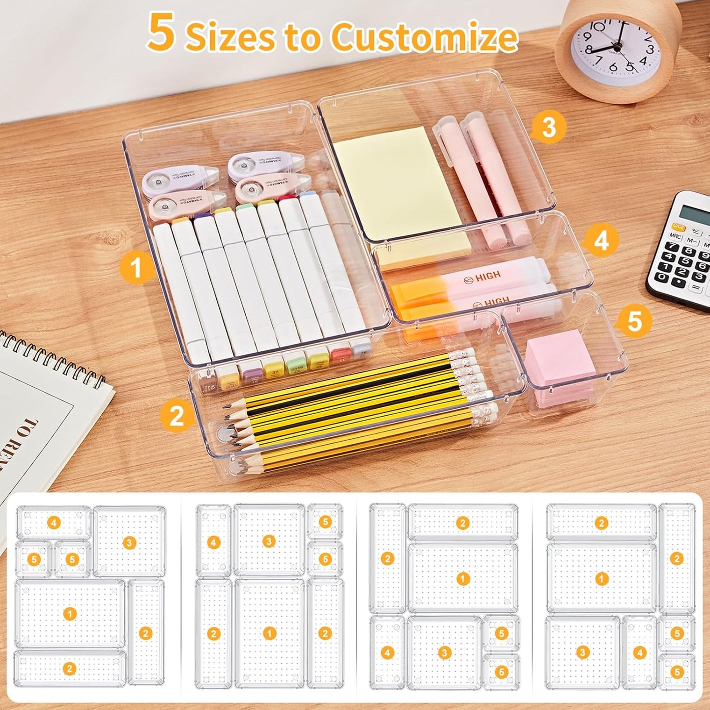 SMARTAKE 13-Piece Drawer Organizers - Non-Slip Silicone Pads | Versatile Storage Trays for Makeup, Jewelry & Utensils - Clear