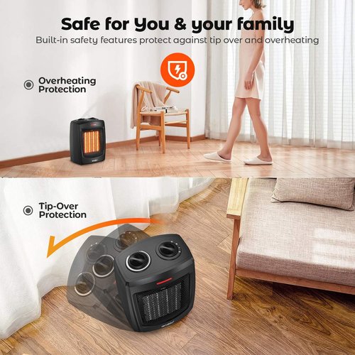 andily Space Heater Electric Heater for Home and Office Ceramic Small Heater with Thermostat, 750W/1500W (Classics black)