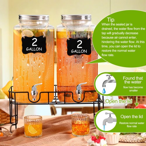 FillTouch 2 Pack 2 Gallon Glass Drink Dispenser Glass Beverage Dispenser with Stand Spigot and Filter Leakproof Water Jar Clear Iced Drink Jug for Parties Juice Lemonade Picnics Fridge