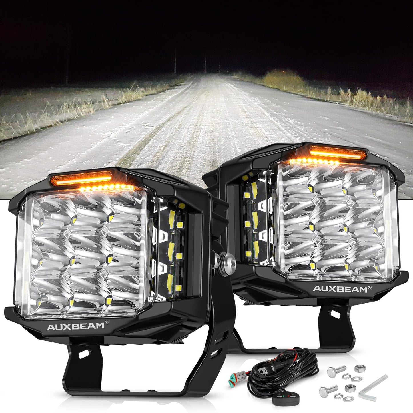 Auxbeam 5" 168W LED Cube Pods Offroad Driving Light with Amber Covers, 16440LM Bright Square Offroad Lights with Side Shooter 270° Combo Beam Ditch Light, DRL for Jeep ATV Wrangler Ford Truck Pickup