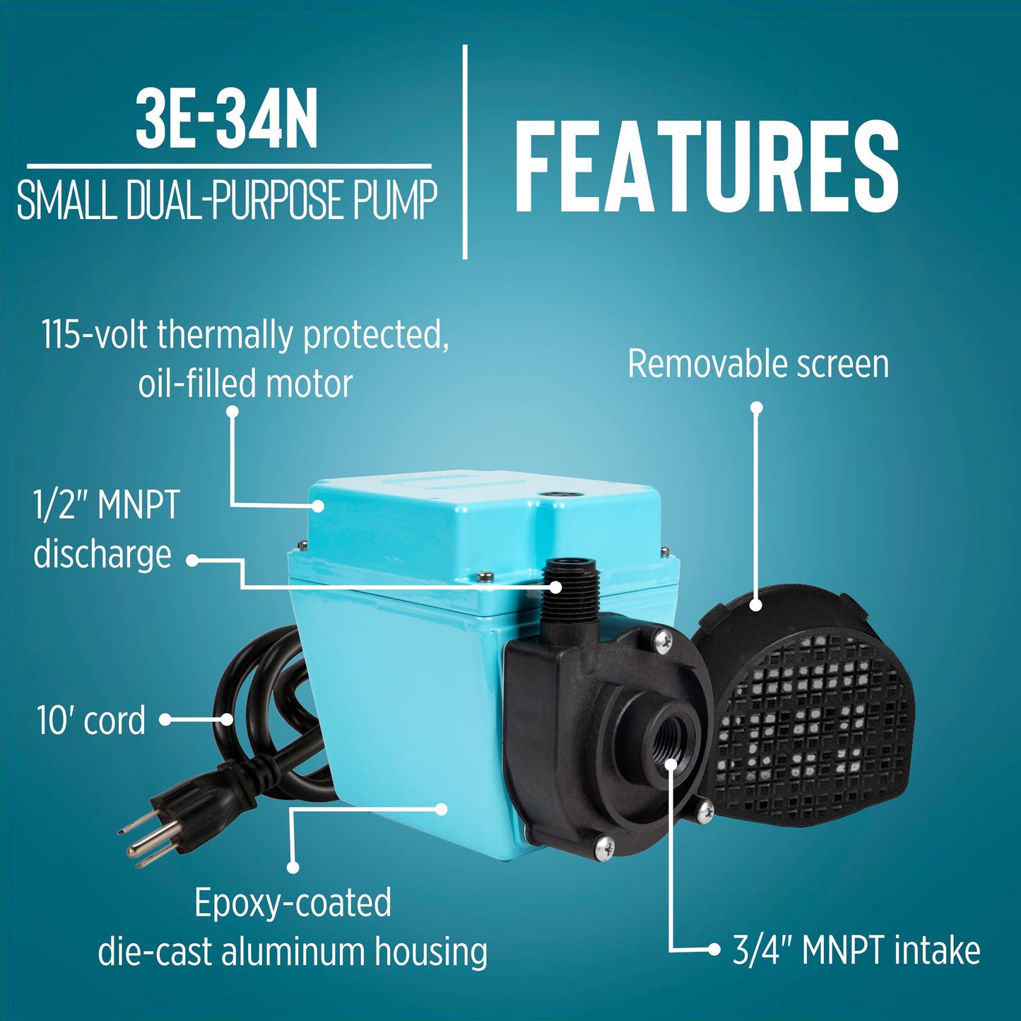 Little Giant 3E-34N 115-Volt, 1/15 HP, 670 GPH Dual Purpose In-Line or Small Submersible, Oil-Filled Pump, 10-Ft. Cord, Blue, 503603