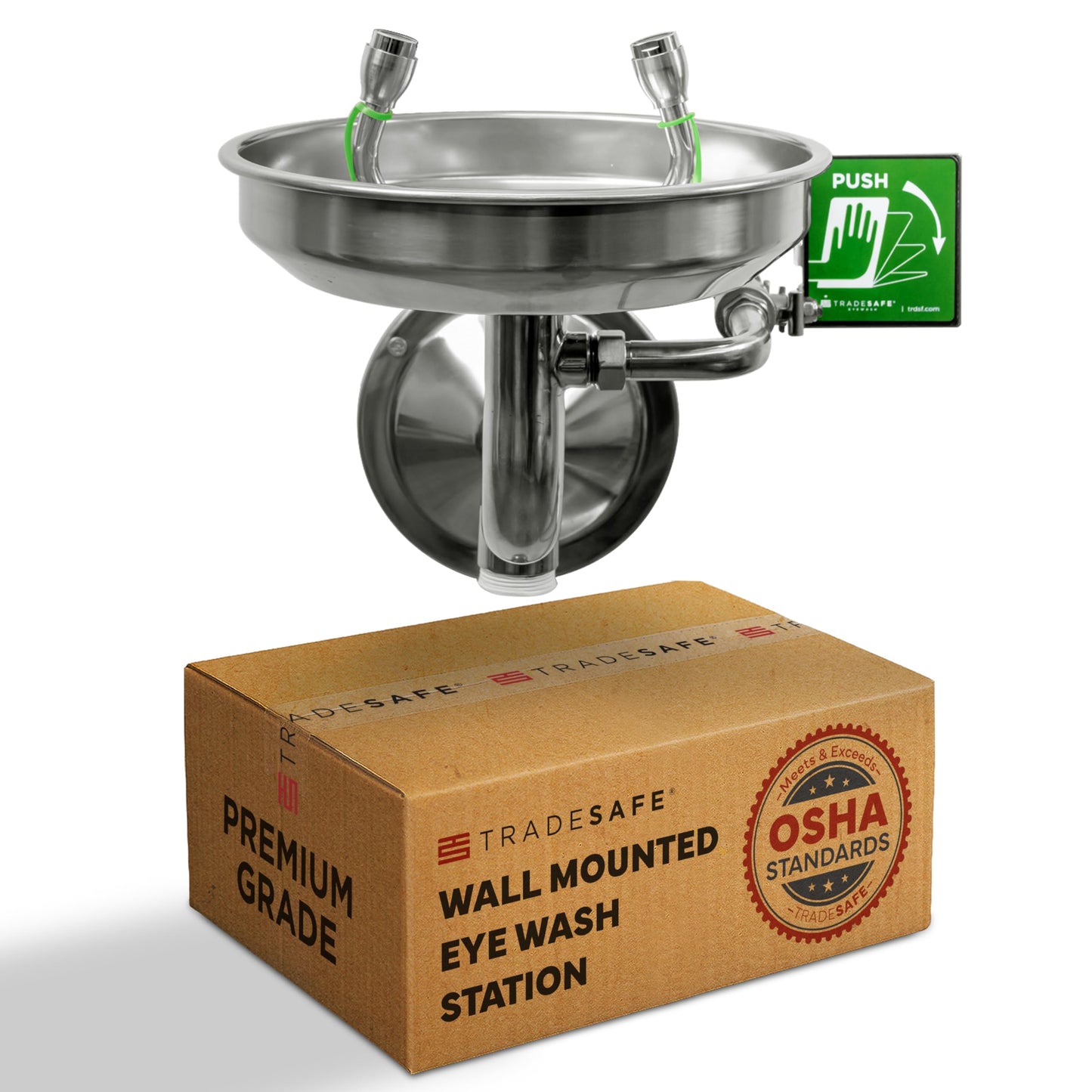 TRADESAFE Eye Wash Station OSHA Approved - Wall Mounted Emergency Eye Wash Station, Stainless Steel Eyewash Station, Aluminum Eye Wash Station Sign Included