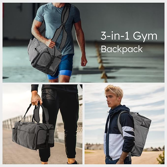 Small Gym Bag for Men with Shoes Compartment and Wet Pocket Convertible Duffle Bag and Gym Backpack Waterproof Sports Bag with 2 Bottle Holders Weekender Overnight Bag - Grey