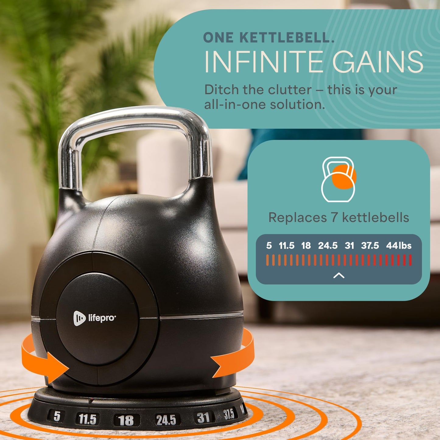 LifePro 7-in-1 Adjustable Kettlebell, 5-44 LB – PowerStone Boulder, Die-Cast Aluminum & Steel, Space-Saving Set with Handle-Twist Adjustment – Strength Training Kettlebell with Storage Base