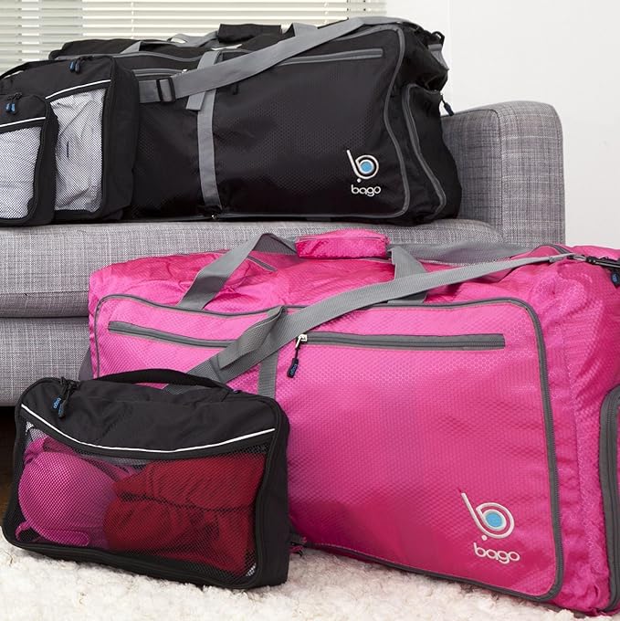 Bago Large Foldable Duffel Bags for Traveling Women & Men - 80L Packable Duffle Bag for Travel with Shoe Compartment - Water Repellant, Heavy Duty, Lightweight Folding & Collapsible (Pink)