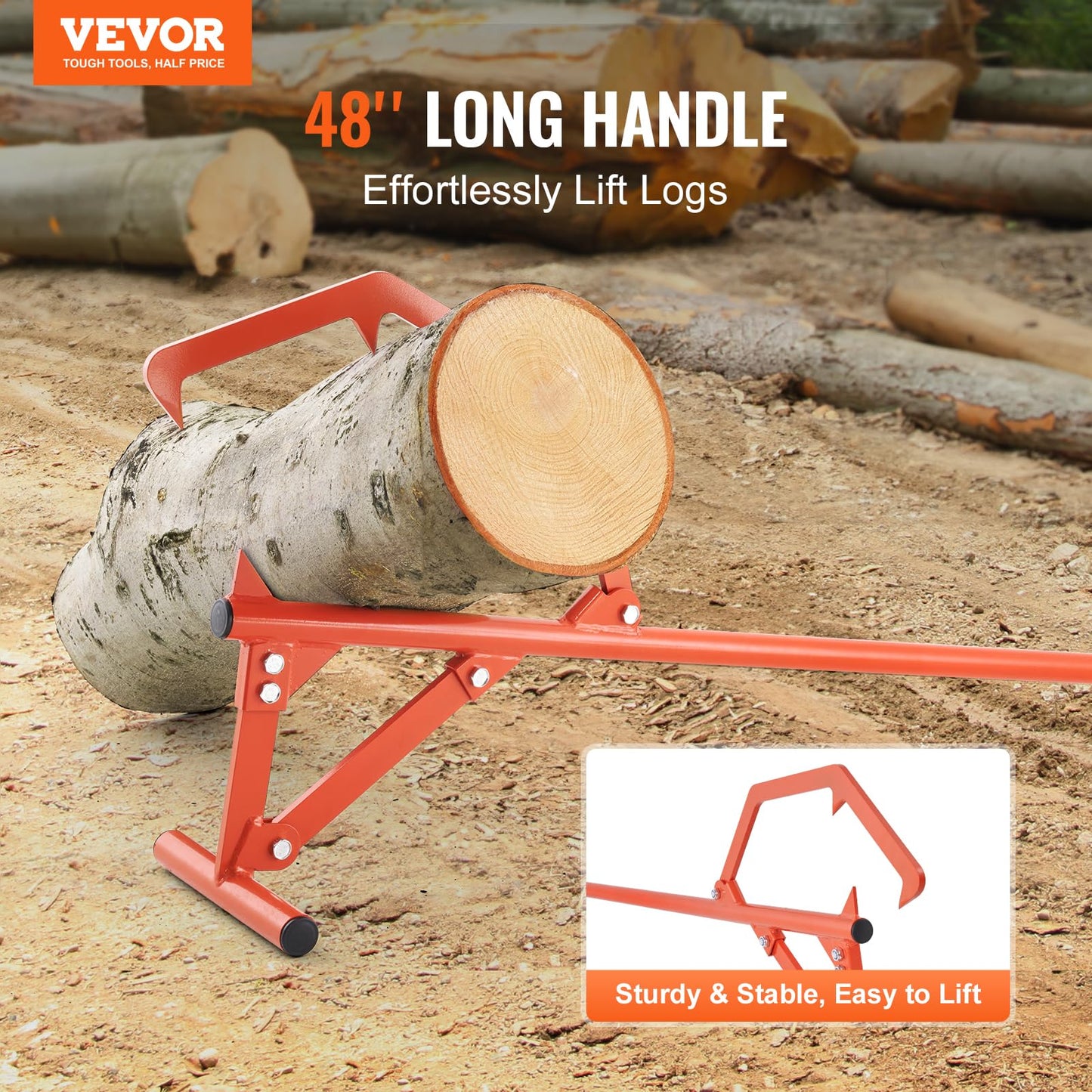 VEVOR 48" Timberjack Log Lifter, Adjustable Heavy Duty Log Roller Cant Hook, Log Jack with Rubber Grip & Triangular Support, Log Cant Hook Logging Tools for Rolling and Lifting Logs up to 25" Dia