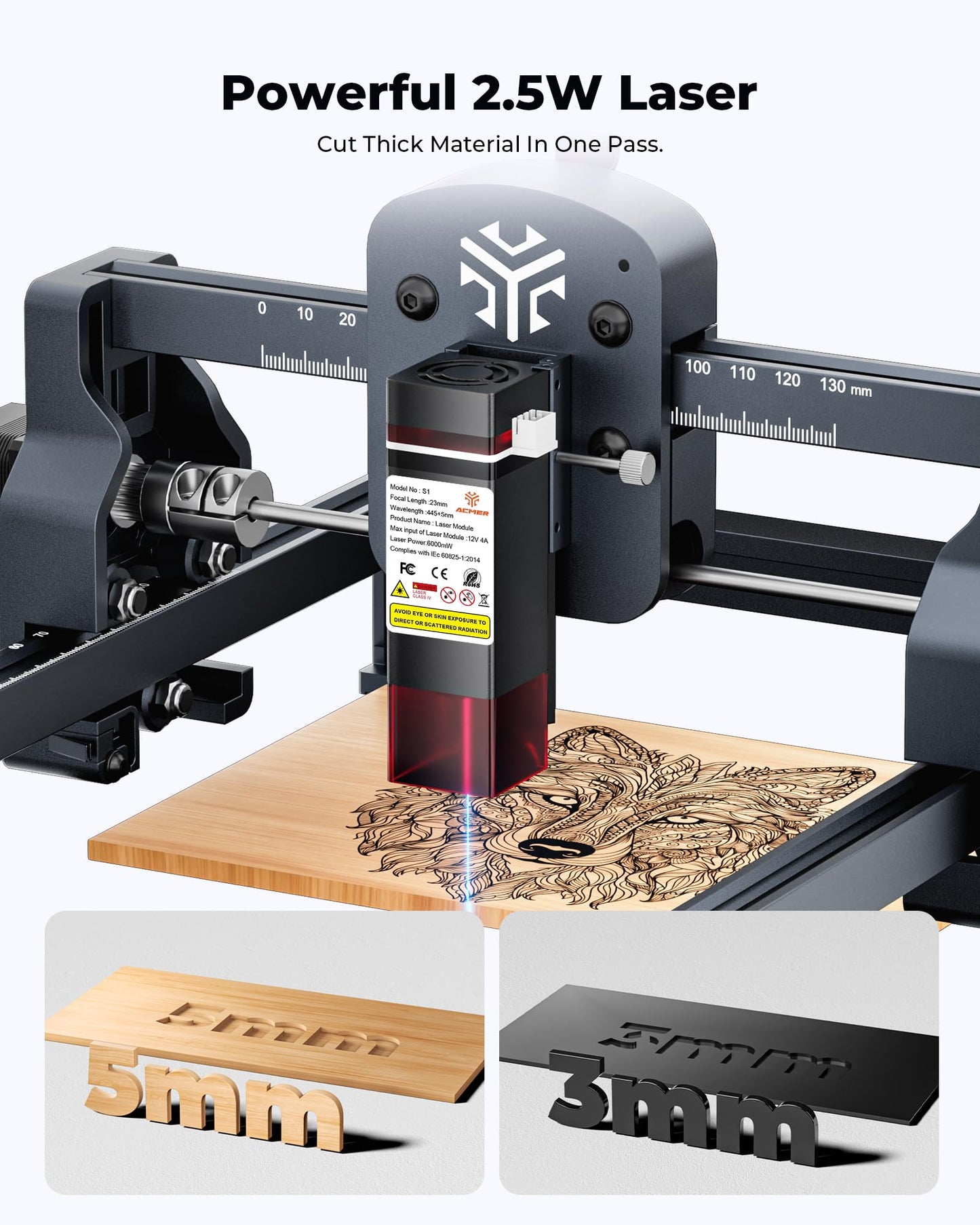 ACMER S1 Laser Engraver 2500mW, Compact Desktop Engraving & Cutting Machine for DIY Crafts, Small Business & Makers, 130×130mm Work Area, 0.04mm Laser Spot Engraving Machines & Tools