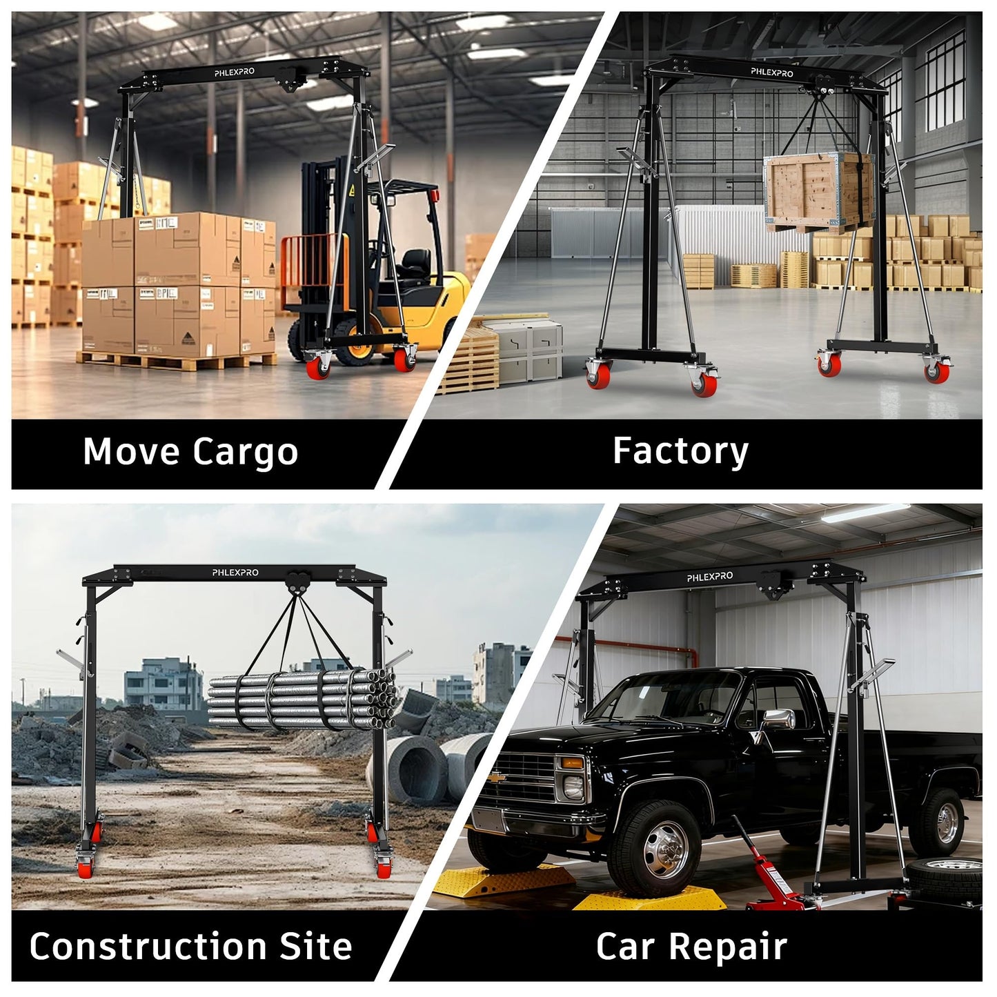 1 Ton Gantry Crane - MAX3000Lbs Portable Hoist Frame with Steel I-Beam Construction, Adjustable Height 8.57-12.50ft, Lifting Gantry for Factories, Garage, Auto Repair, Construction Site, Black