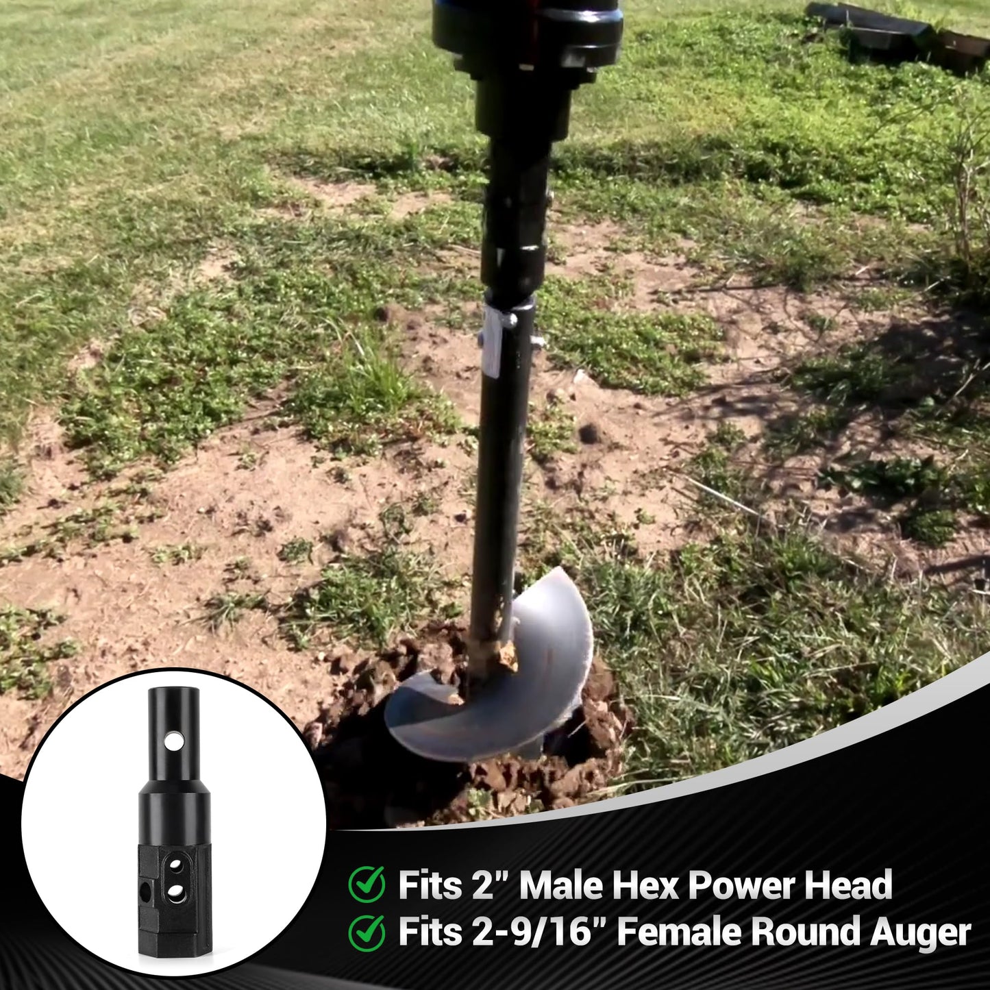 2" Female Hex to 2-9/16" Male Round Auger Adapter Heavy-Duty Auger Coupler Welded Drive Converter for Skid Steer, Tractor, Post Hole Digger & Earth Auger Bit, Fits 3/4" or 7/8" Pins