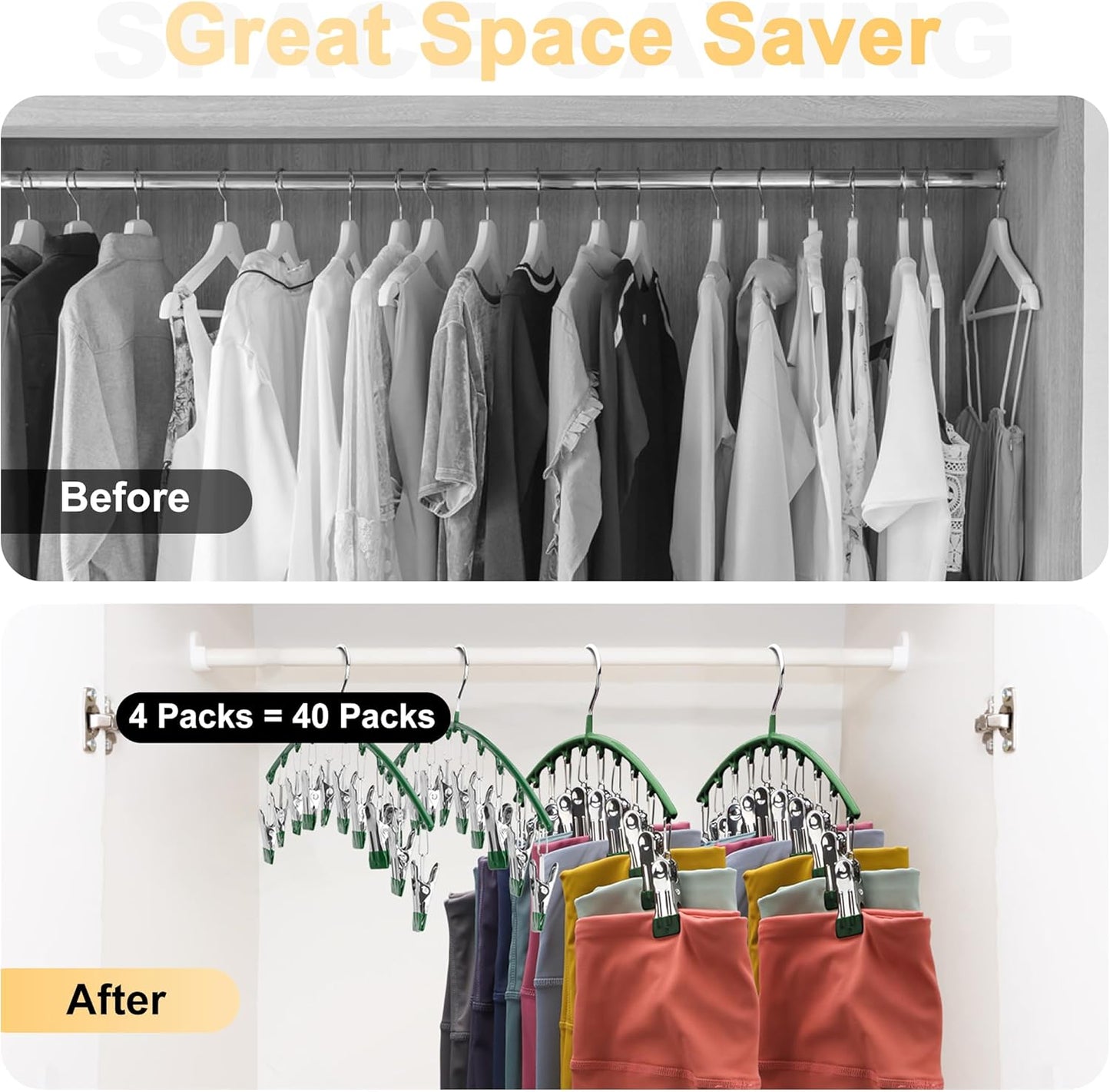 Skiennix Legging Organizer - Space-Saving Metal Yoga Pants Hangers | 4 Pack with 10 Clips, Green