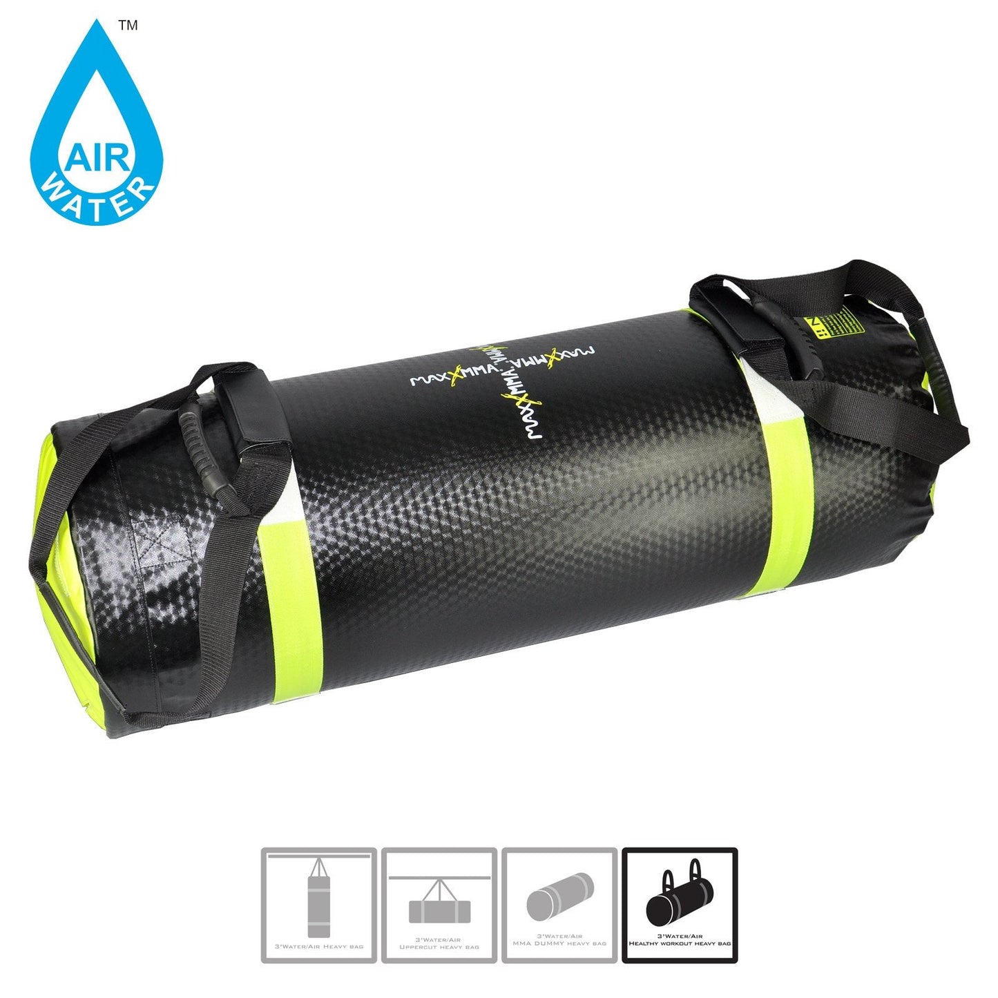 MaxxMMA 3 ft 4-in-1 Water/Air Heavy Bag | Training & Fitness, Uppercut Workout, MMA Grappling, Punching Bag (Black/Neon Yellow)