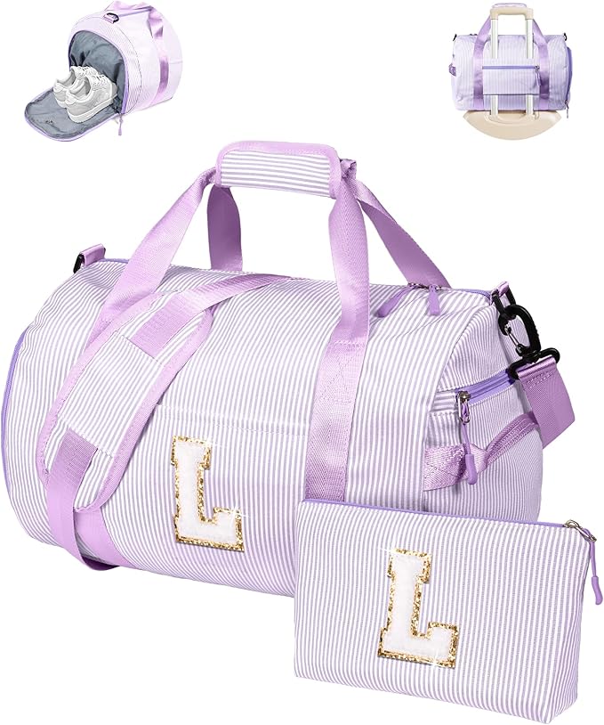 Birthday Gifts for 8 Years Old Girls, Girl Gym Bag, Kids Initial Overnight Duffel Bags with Shoe Compartment, Personalized Dance Bag with Makeup Pouch, Cute Stuff for Little Girls (Letter L)