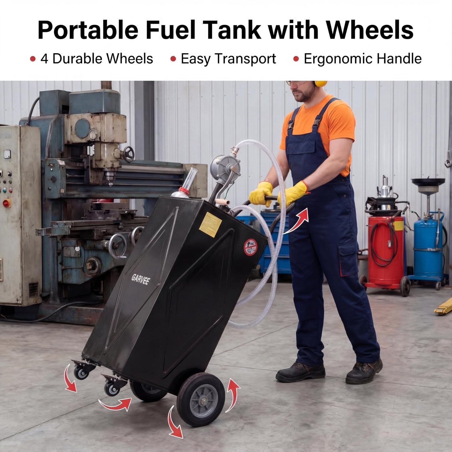 GarveeTech 30 Gallon Fuel Caddy with Manual Pump, Portable Fuel Transfer Tank on Wheels, Heavy Duty Gasoline & Diesel Storage Container for Trucks, Boats, ATVs, Lawn Mowers, Farm Equipment - Black