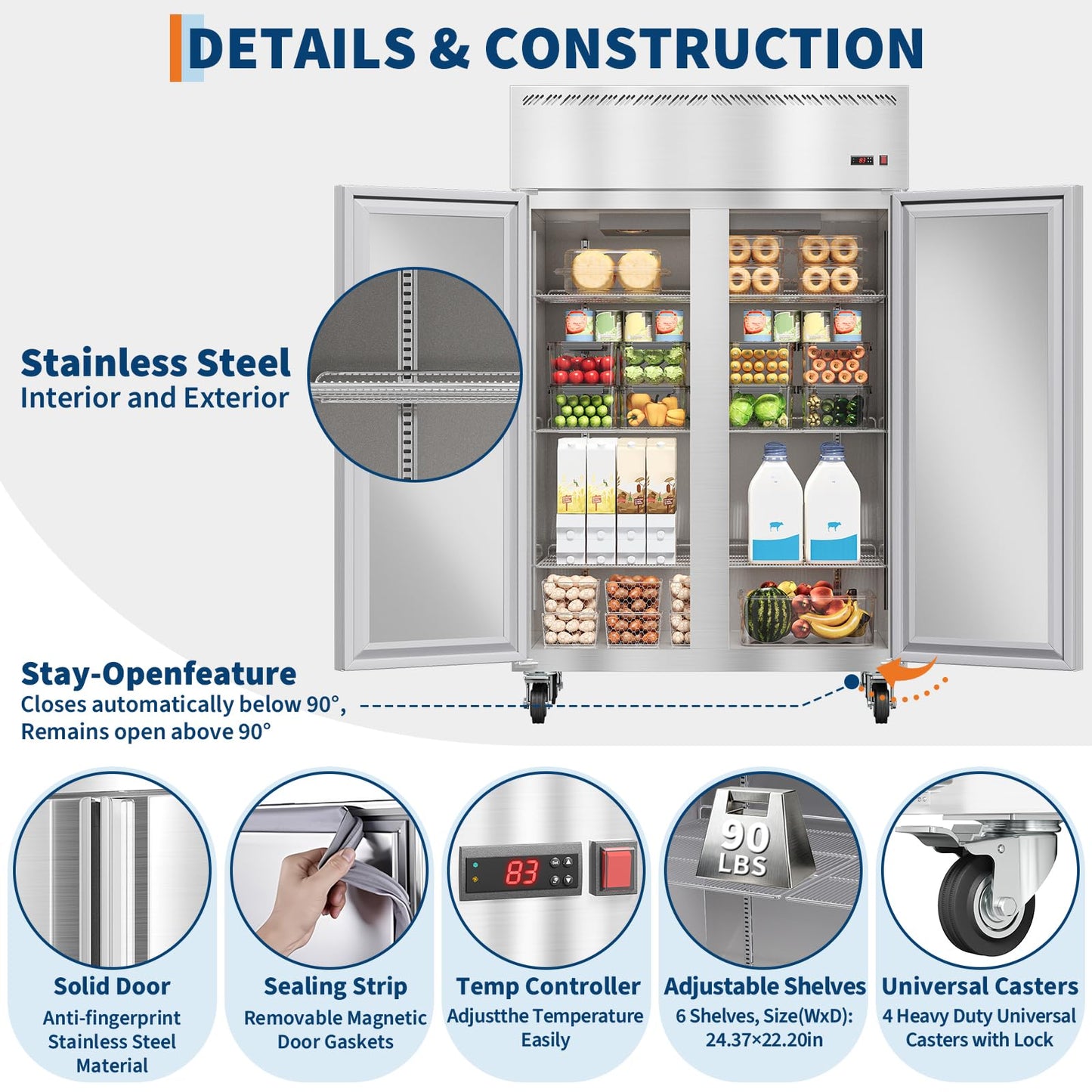 48 Inch Wide Commercial Refrigerator, 36 Cu.ft Upright Refrigerator Only No Freezer, 2 Door 2 Section industrial fridge with Auto Defrost & 6 Adjustable Shelves for Restaurant, Bar, Kitchen, Shop