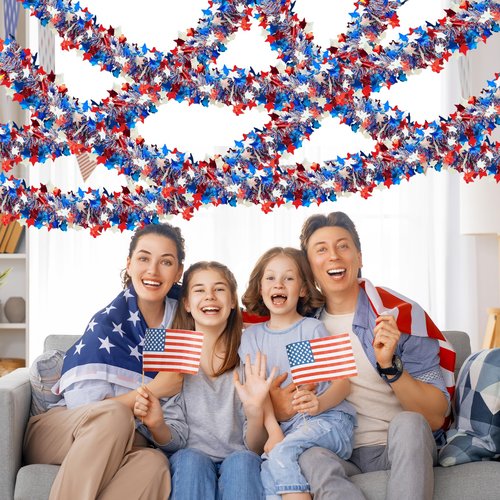 52 FT Patriotic Tinsel Garland, Memorial Day Decorations Red White and Blue Garland 4th of July Star Metallic Tinsel for Independence Day Home Car Bike Decor Accessories