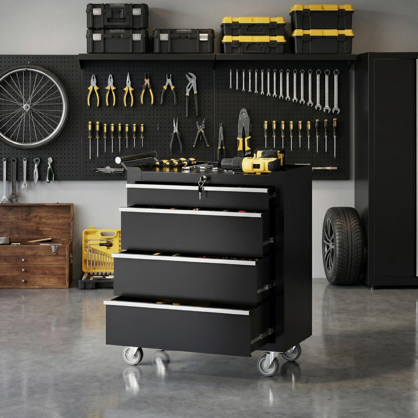 PeakPursuit 4-Drawers Rolling Tool Chest, Portable Tool Box with Wheels and Lock System, Secure Storage Cabinet for Warehouse, Workshop, and Repair Shop, Black