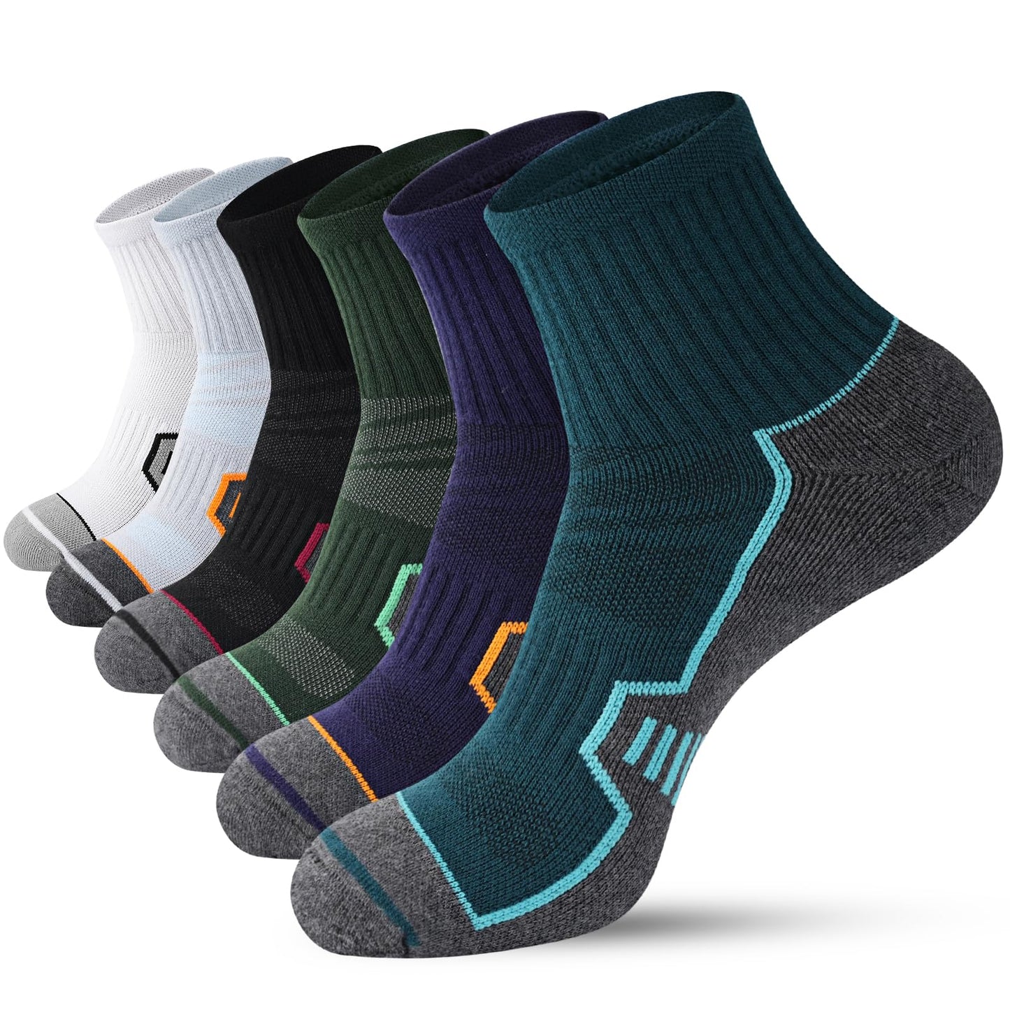 Horuru Mens Cushioned Ankle Running Socks, Moisture Wicking Athletic Quarter Hiking Socks for Work Gym Sports 6 Pairs
