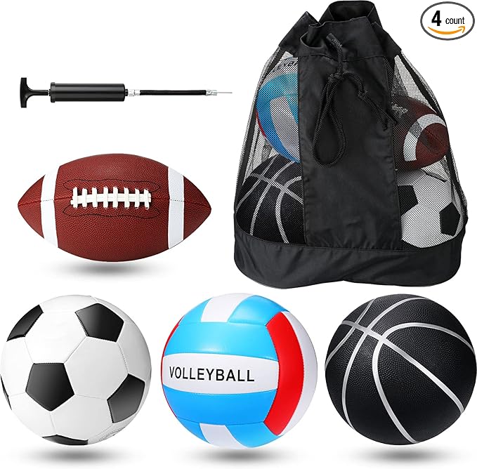 Jerify 4 Pcs Sport Balls Set Official Size Athletic Balls Include Soccer, Football, Basketball, Volleyball for Indoor Outdoor Game Youth Adult Operation Christmas Ball Gifts