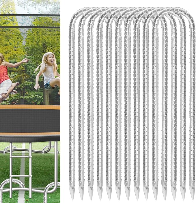 Trampoline Stakes Anchors High Wind 12inx6mm Galvanized U Hook 10pcs Rebar Stakes – Heavy Duty Ground Anchors for Trampoline,Yard & Inflatable,Landscape Metal Stakes for Outdoor Decorations