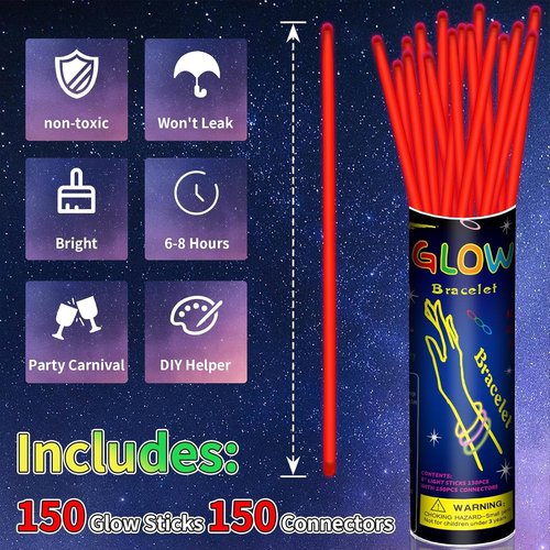 Glow Sticks 150 Pack - 8” Red Neon Glow In The Dark Party Favors | Perfect for Holiday & Birthday Decorations