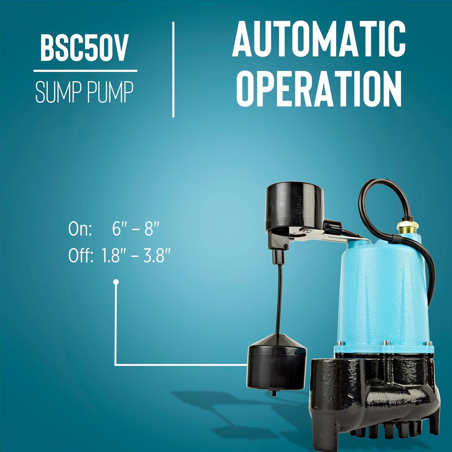 Little Giant BSC50V 1/2 HP, 115 Volt, 3840 GPH Automatic Submersible Cast Iron Sump/Effluent Pump with Piggy-back Vertical Float Switch and 10-Ft. Cord, Blue, 511252
