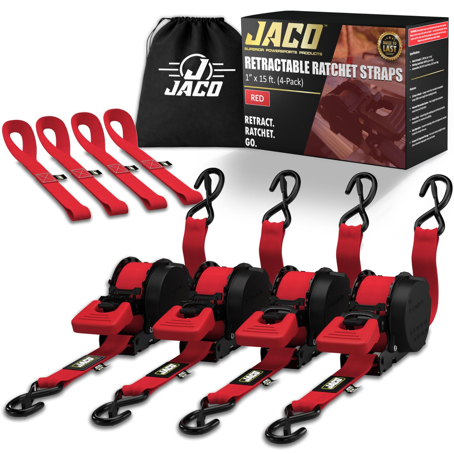 JACO Retractable Ratchet Straps Tie Down Kit (4-Pack) - 1 inch x 15 ft. (1,763lb Break Strength) (Red)