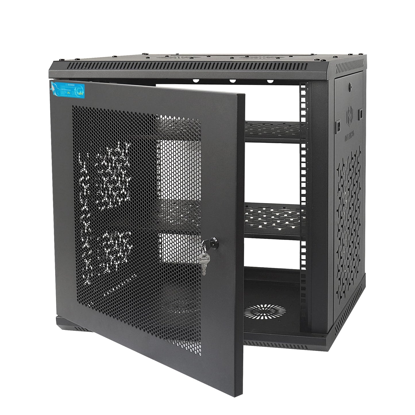 OCEANHUG 12U Wall Mount Server Cabinet with A Lockable Front Vented Door, Cooling Fans, Removable Side Panels - 45cm Depth, 19" Network Rack Including 2 PCS Full-Size Rack Shelves for IT Equipment