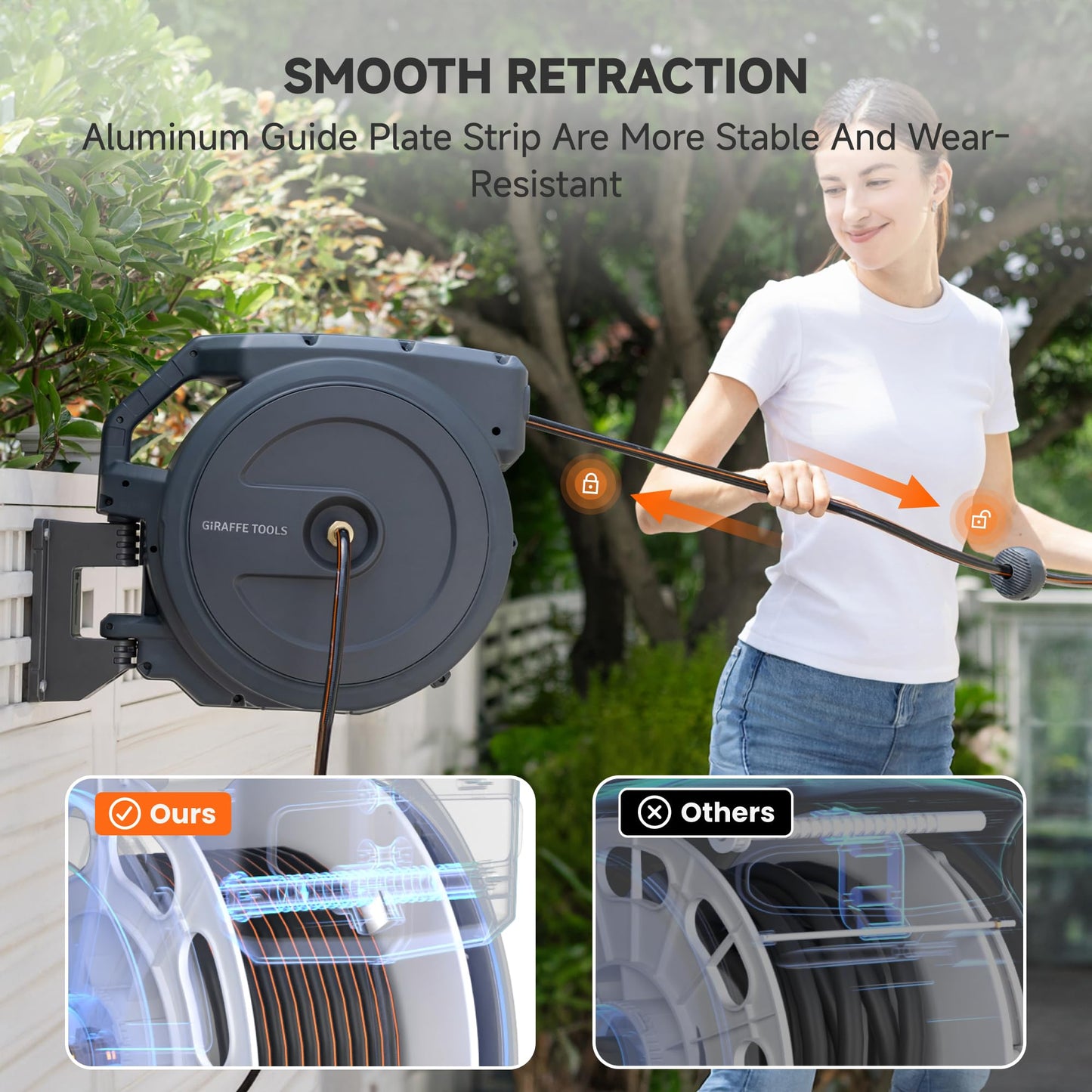 Giraffe Tools Heavy-Duty Wall-Mounted Hose Reel, 5/8" x 90 ft Retractable Hose with Automatic Rewind, 180° Swivel, Any-Length Lock & 9-Pattern Nozzle (Dark Grey)