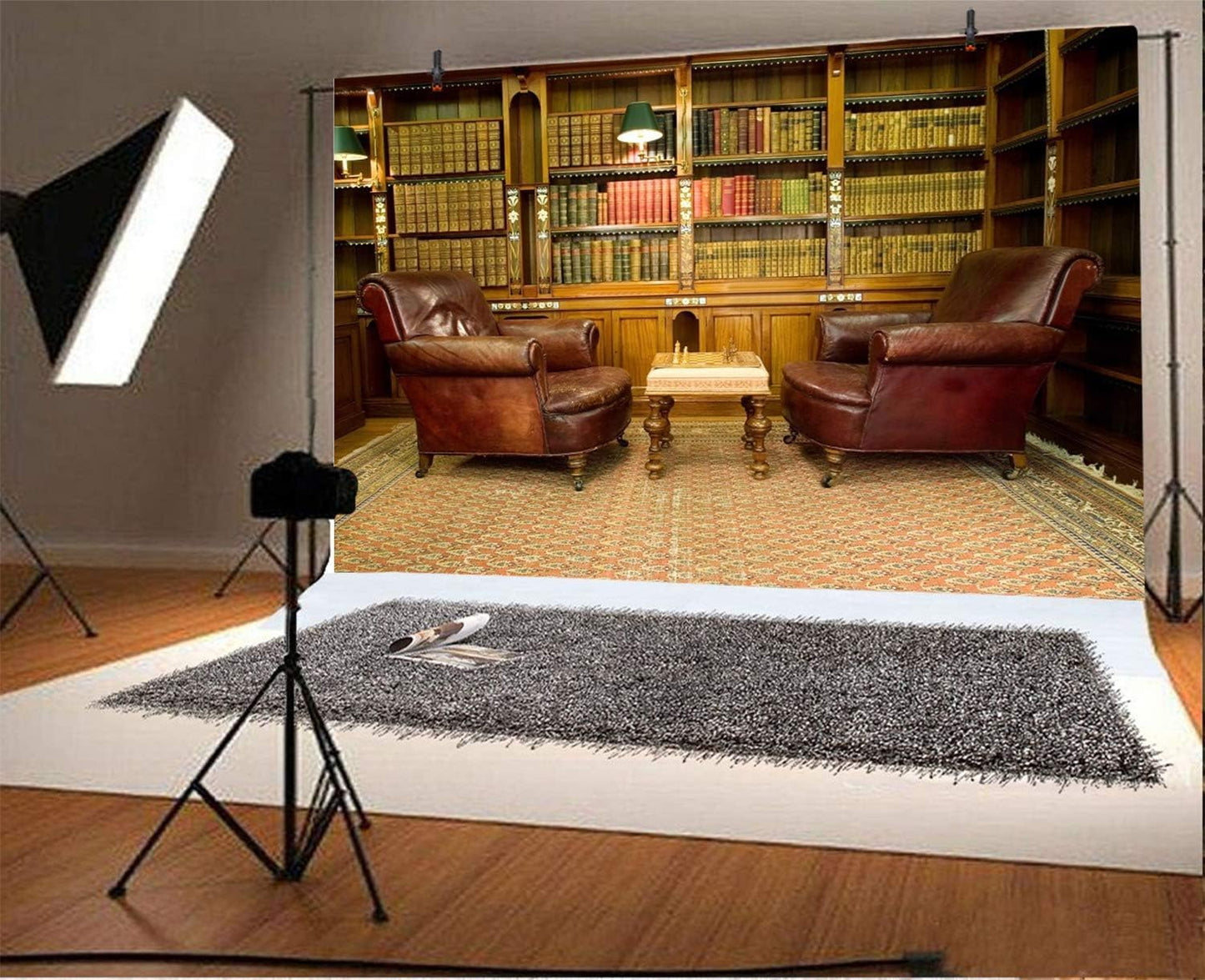 AOFOTO 7x5ft Vintage Luxury Study Bookshelf Backdrop Photography Home Office Two Sofa Business Conversation Room