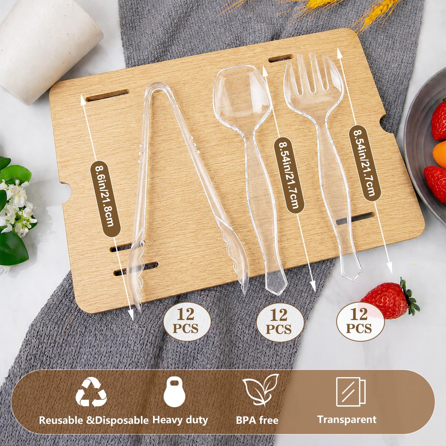 Mwellewm 36Pcs Serving Utensils Large Plastic Serving Utensils Set Serving Spoons for Buffet Clear Disposable Plastic Tongs 8.5'' Heavy Duty Slotted Spoons/Forks Supplies for Party Food Salad Soup