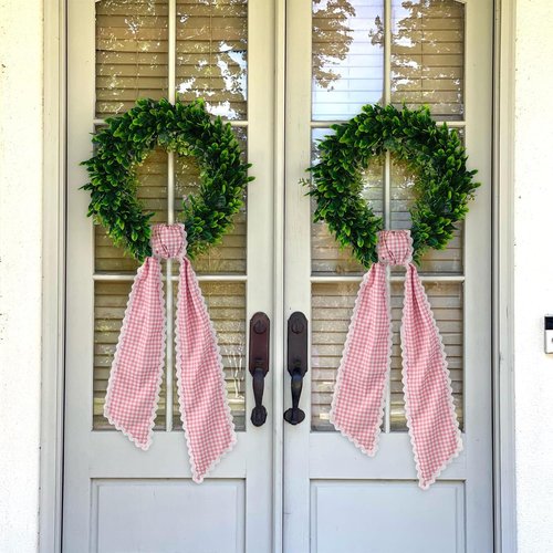 DYSHAYEN Wreath Sash - Canvas RIC Rac Trim for Front Door | Pink Gingham with White Trim