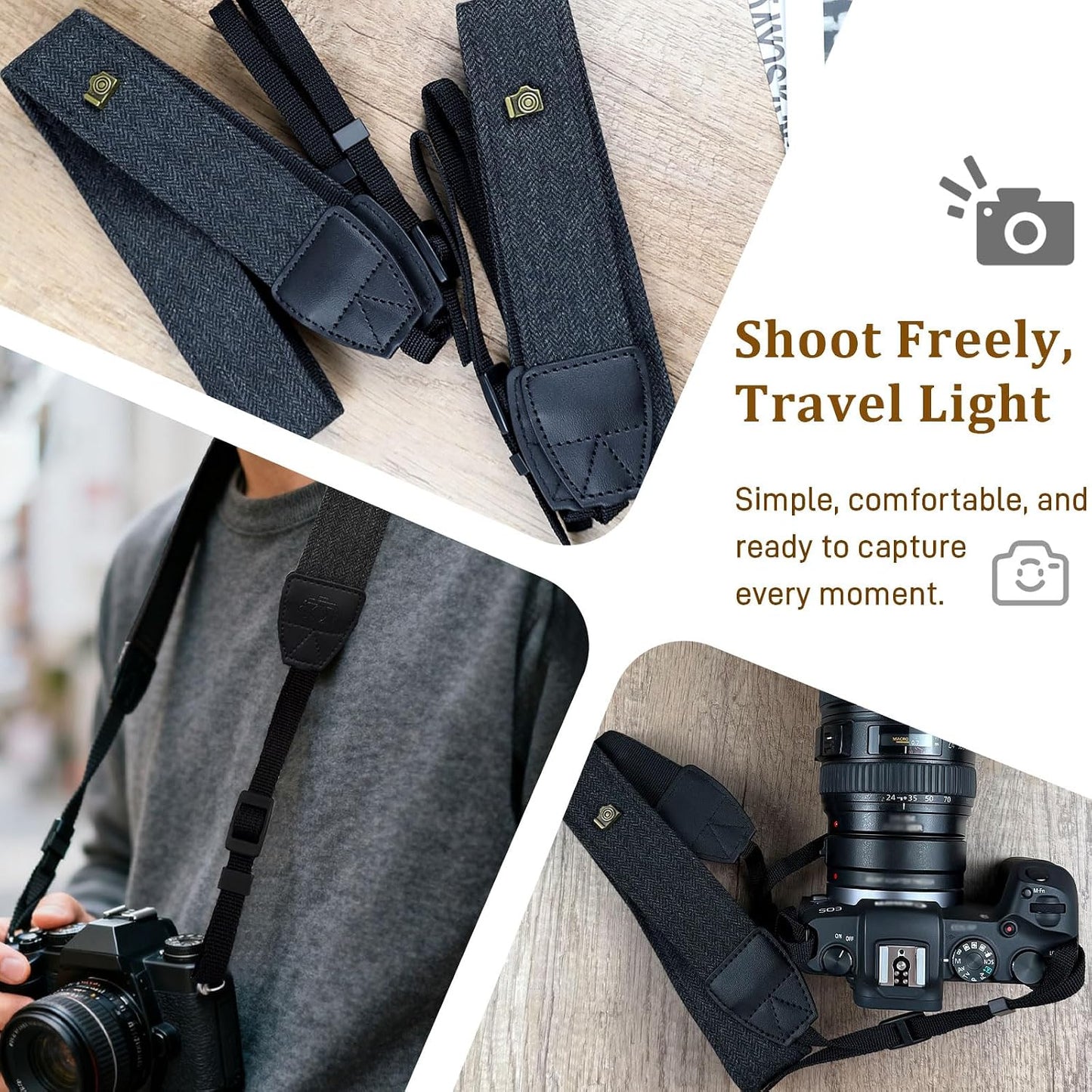 Brvlsoc Black Canvas Camera Neck & Shoulder Strap with Quick Release Buckles Adjustable Cotton Webbing for DSLR and SLR