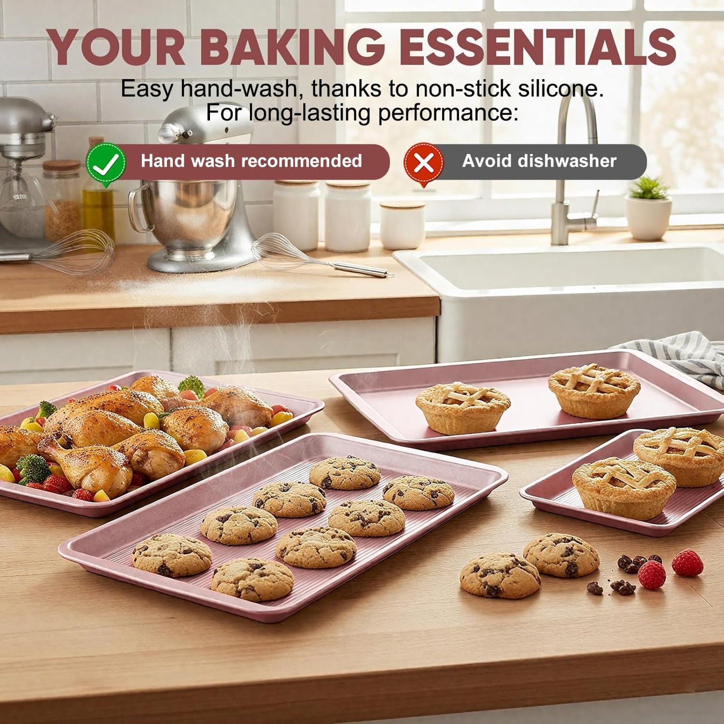Sakerplus Nonstick Baking Sheet Pan Set - Heavy Duty Cookie Sheets | 0.6mm Thick, Rust-Resistant, Easy Clean (Pink)
