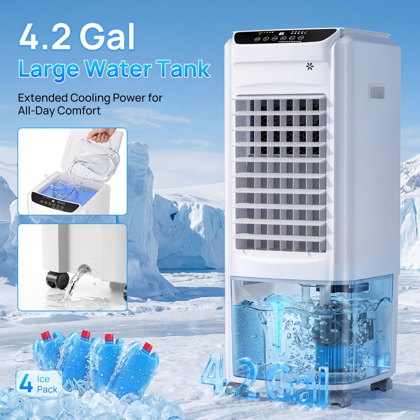 Swamp Cooler, 1800 CFM Windowless Portable Air Conditioner with 4.2 Gal Water Tank,120° Swing, 12H Timer, 3 Speeds, 3 Modes, 3-IN-1 AC Unit, Evaporative Air Cooler for Room,Bedroom,Office,frost White