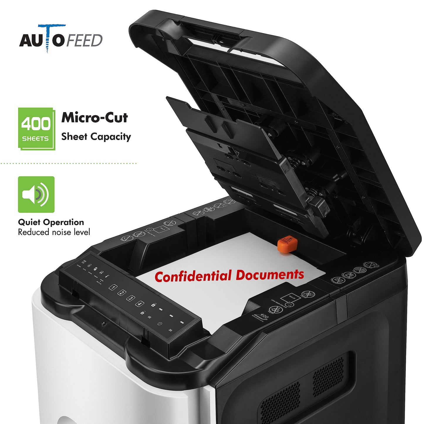 Aurora Commercial Grade 400-Sheet Auto Feed High-Security Micro-Cut Paper Shredder/ 240 Minutes/Security Level P-5