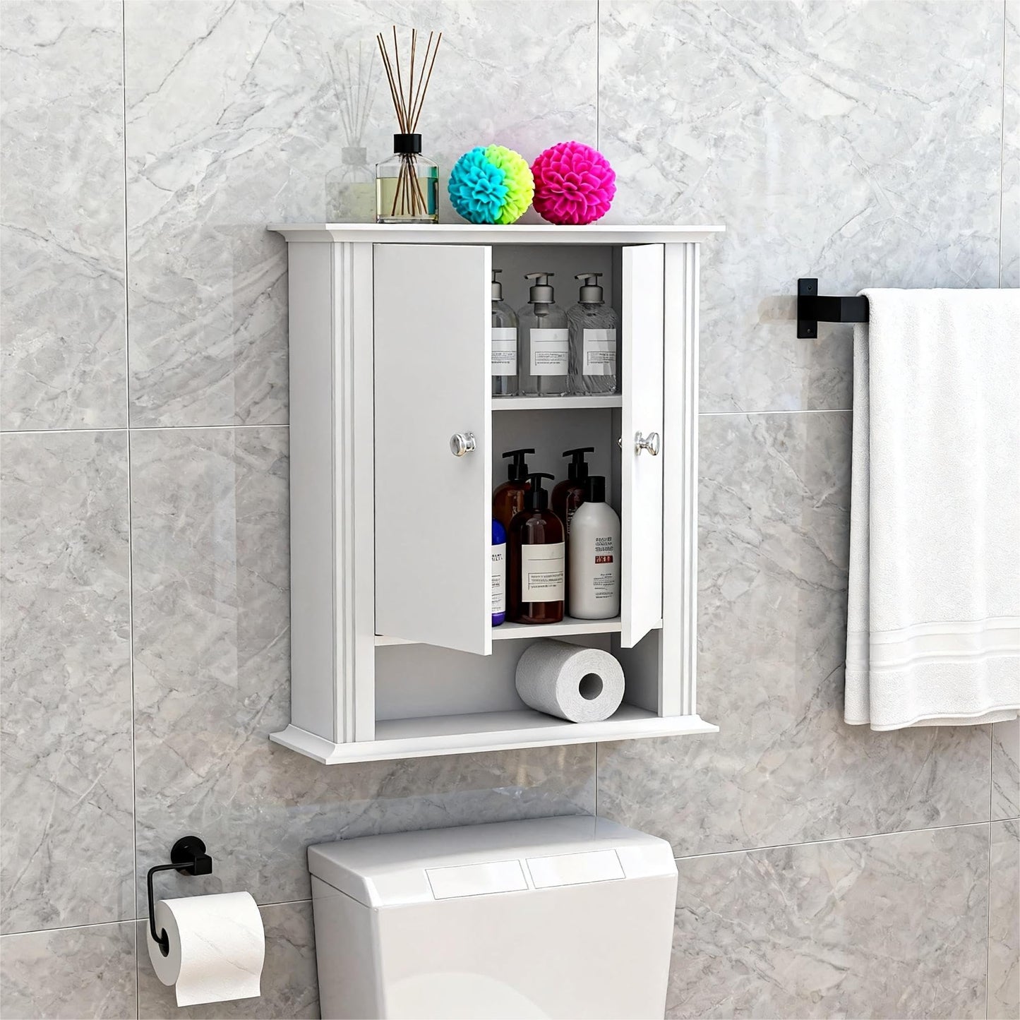 White Bathroom Wall Cabinet, Over the Toilet Storage Cabinet, Bathroom Cabinet Wall Mount, 2 Doors & Hooks, Medicine Cabinet Organizer, Hanging Wall Cabinet Cupboard for Kitchen Laundry Room White