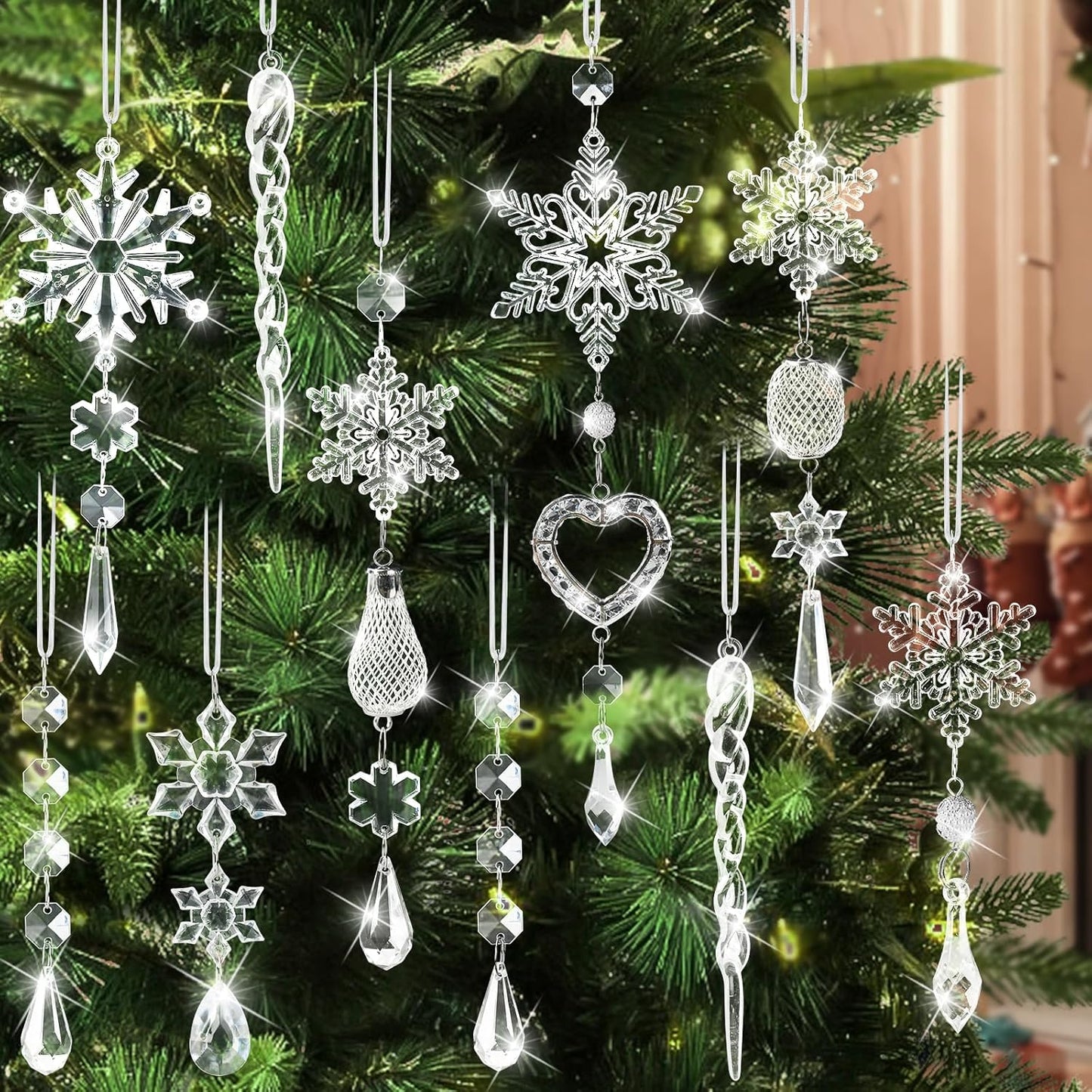 Skiennix Crystal Ornaments - 21pcs Sparkling Snowflake Christmas Tree Decorations | Holiday Home Decor