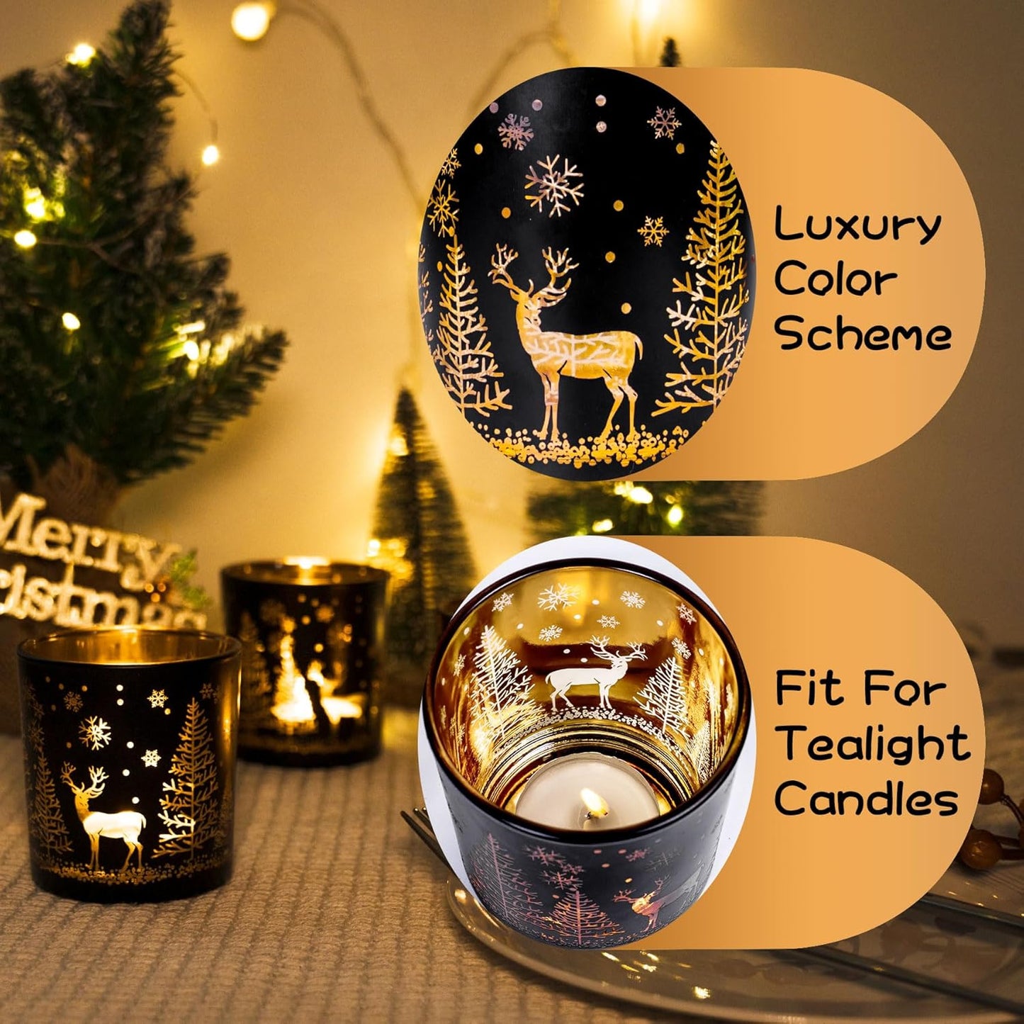 Skiennix Votive Candle Holders - Black & Gold Glass Tealight Set of 3 | Festive Elk, Tree & Snowflake Designs for Holiday Decor