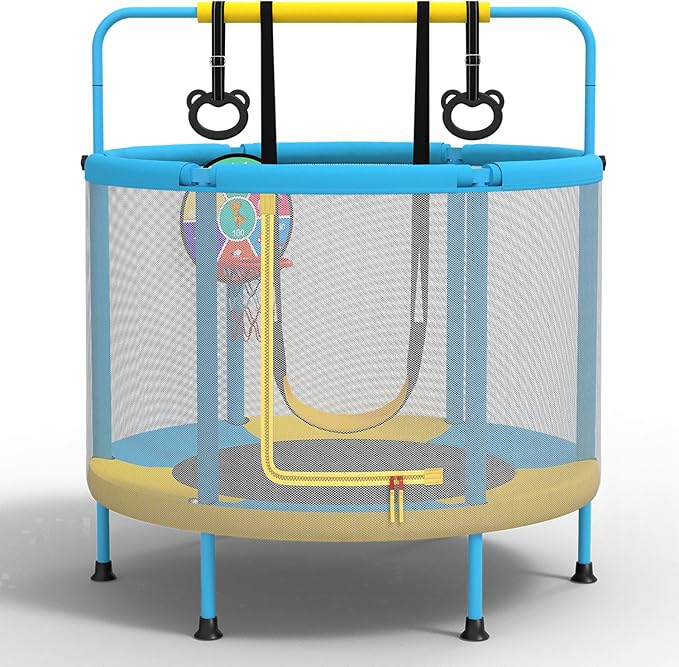LANGXUN 60" Trampoline for Kids, 5ft Mini Toddler Indoor & Outdoor Trampoline with Net, Basketball Hoop & Dart Board, Birthday Gifts for Boys & Girls, Baby Toddler Christmas Toys (Blue & Yellow)