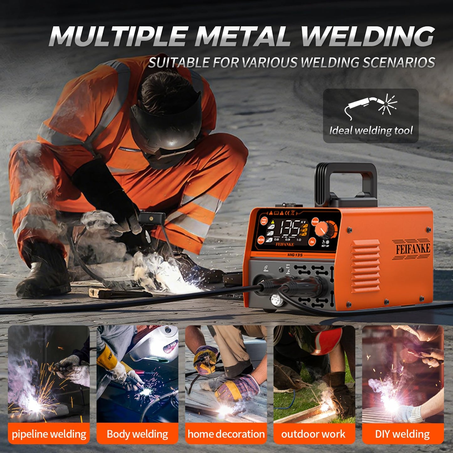 FEIFANKE 135A Flux Core MIG Welder 110V, 4-in-1 Synergic Gasless MIG/Stainless Flux MIG/Stick/Lift TIG for Sheet Metal, Portable IGBT Inverter with Large LED Display for Beginners & Professionals