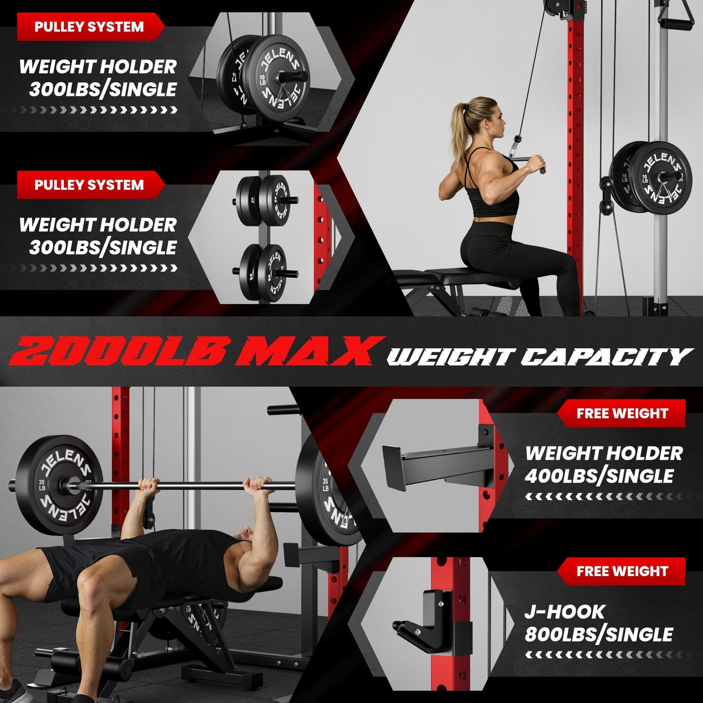 JELENS C21 Power Cage, 2000LBS Multi-Function Power Rack with Independent Dual Pulley System, All-in-One Squat Rack for Cable Crossover, Home Gym Workout Machine (Red, C21 Power Cage)