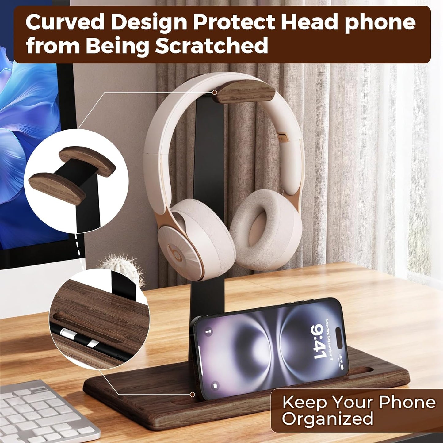 DEMEGA Headset Walnut Stand for Desk with Phone Holder | Headphone Stand Headphone Holder (Dark Walnut)