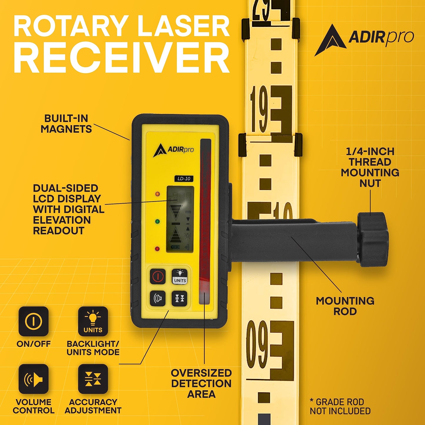 Adir Universal Rotary Laser Detector with Rod Clamp, Digital Laser Receiver with Dual LCD Display for Adir, Spectra, Leica, and Other Top Brand Rotary Red Lasers, 300m Range (LD-10)